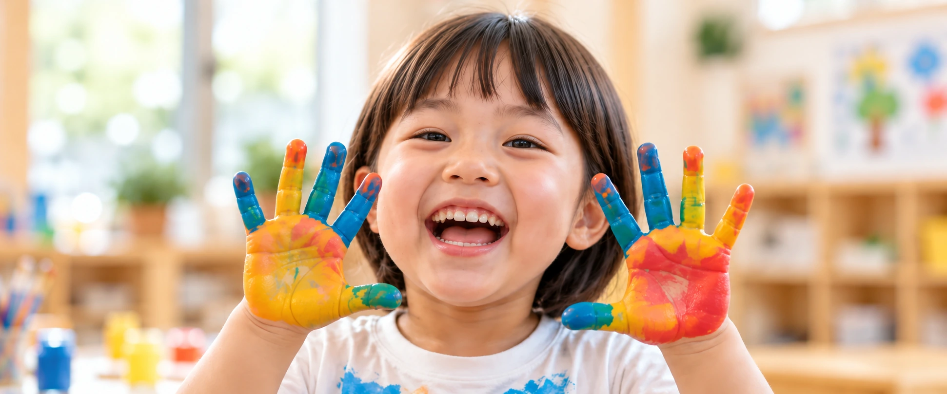 絵の具で彩った手を広げる子どものイメージ